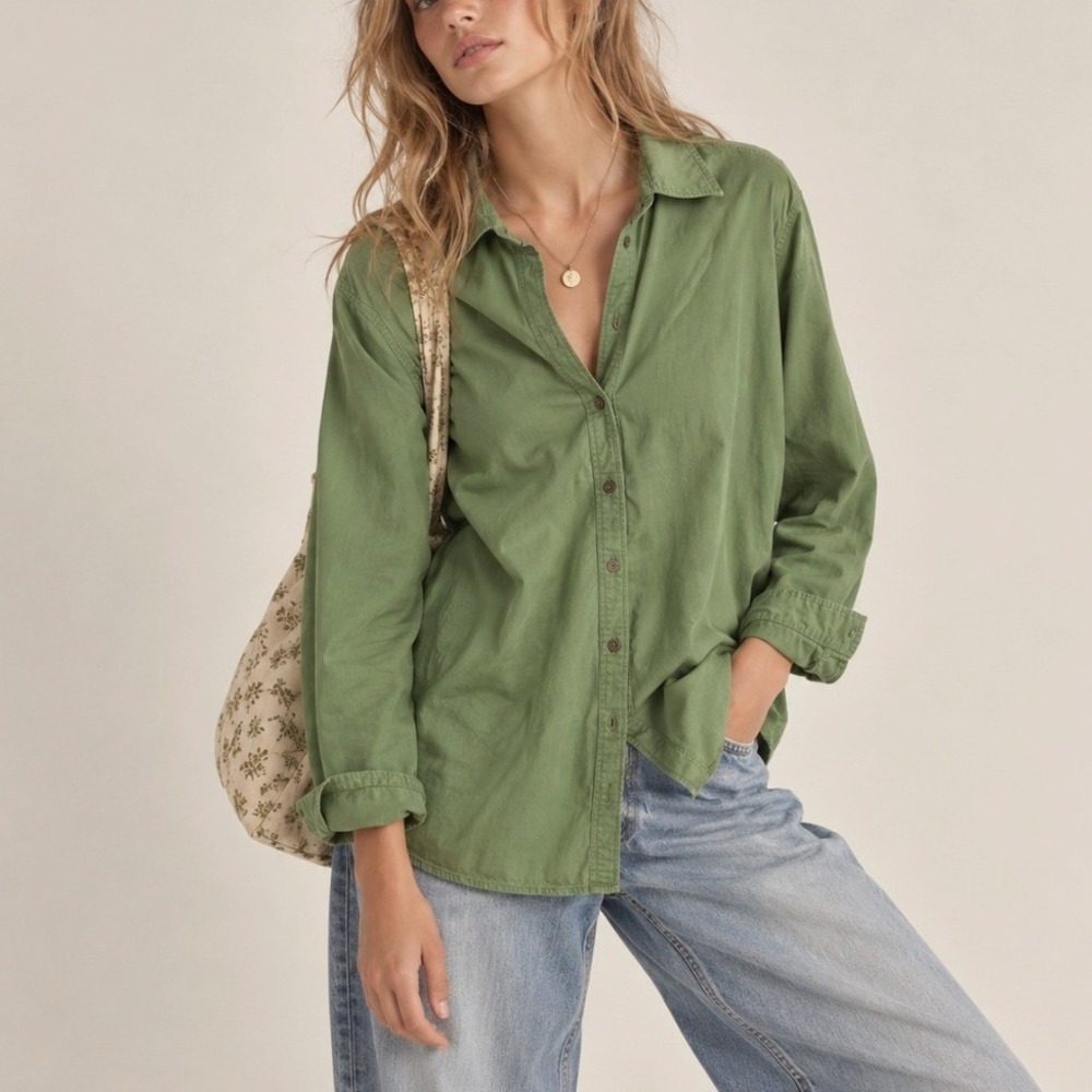 Vintage 90s Button Down Shirt Long Sleeve Large Green Utility Earthy Preppy 90s